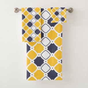 Elegant ornamental, white, navy blue, yellow bath towel set