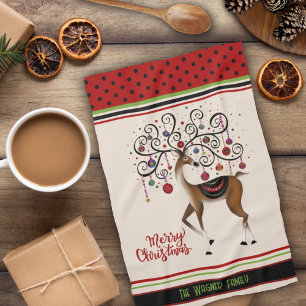 Elegant Ornaments Christmas Reindeer Personalised  Tea Towel