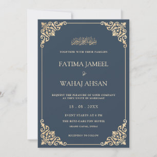 Elegant Ornate Blue Gold Script Muslim Wedding Invitation