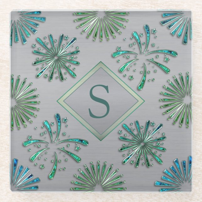 Elegant Ornate Blue Green Pattern Monogram Glass Coaster (Front)