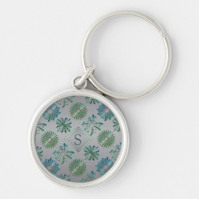 Elegant Ornate Blue Green Pattern Monogram Key Ring (Front)