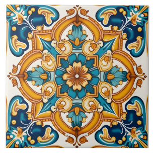 Elegant Ornate Blue Yellow Patterned Ceramic Tile