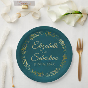 Elegant Ornate Border Dark Teal & Gold Wedding Paper Plate