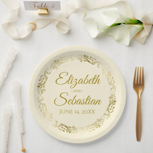 Elegant Ornate Border Gold & Cream Wedding Paper Plate (Wedding)