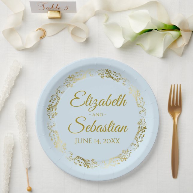Elegant Ornate Border Light Blue & Gold Wedding Paper Plate (Wedding)