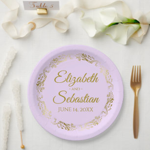Elegant Ornate Border Lilac Purple & Gold Wedding Paper Plate