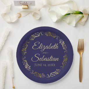 Elegant Ornate Border Navy Blue & Gold Wedding Paper Plate