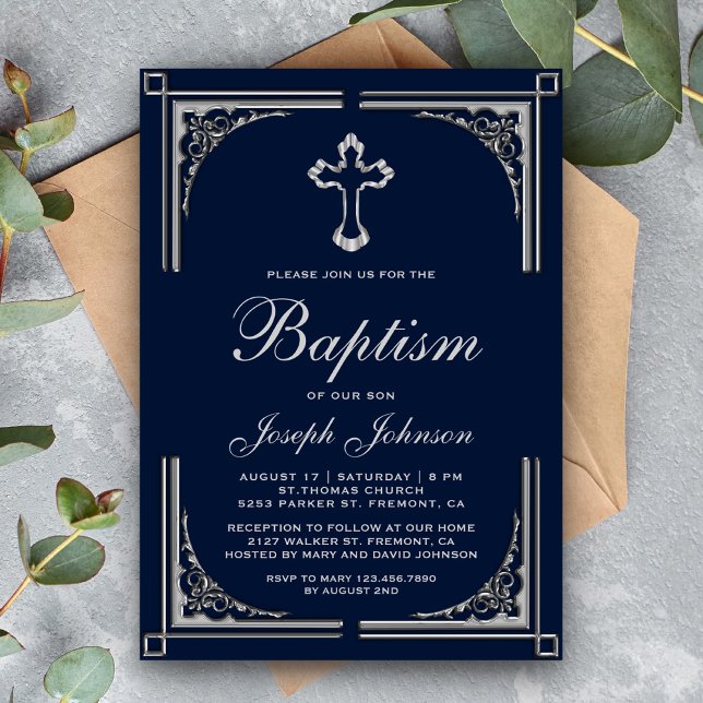 Elegant Ornate Border Silver Cross Baptism Invitation (Creator Uploaded)