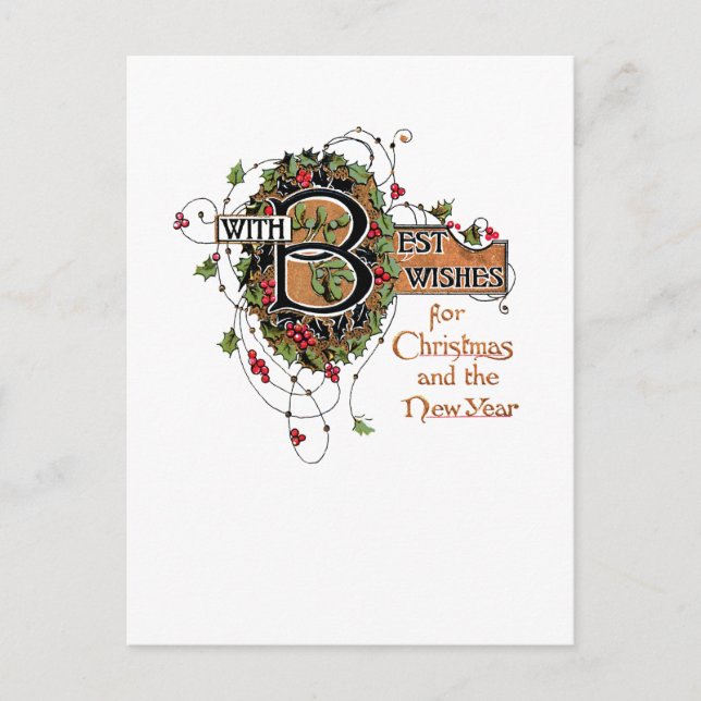 Elegant Ornate Christmas Greeting with Holly Postcard (Front)