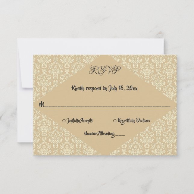 Elegant Ornate Classic Formal Beige Damask Wedding RSVP Card (Front)