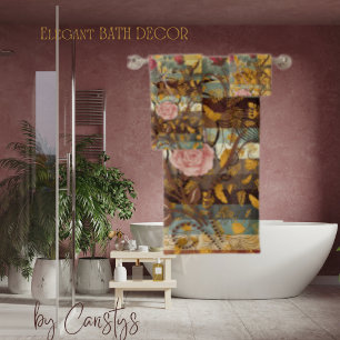 Elegant Ornate Florals with Teal, Brown, Ivory Bath Towel Set