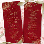 Elegant Ornate Gold Curls on Crimson Red Wedding Program<br><div class="desc">This beautiful wedding program features an elegant design with gold text on a crimson red background and lacy golden faux foil curls and swirls in the corners. The titles are written in fancy script calligraphy, and there is space for your ceremony and wedding party details, as well as a short...</div>