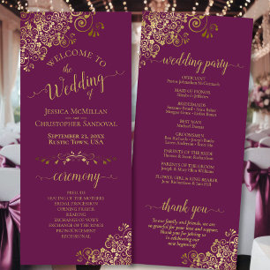 Elegant Ornate Gold Curls on Magenta Plum Wedding Program