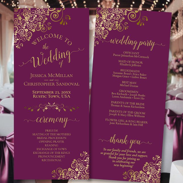 Elegant Ornate Gold Curls on Magenta Plum Wedding Program (Front/Back)