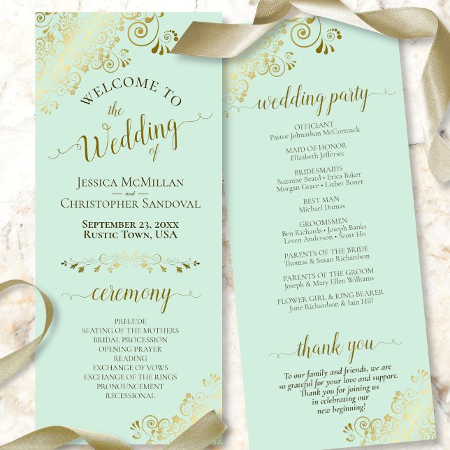 Elegant Ornate Gold Curls on Mint Green Wedding Program (Creator Uploaded)