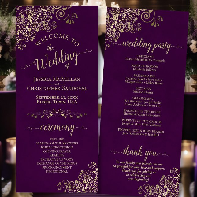 Elegant Ornate Gold Curls on Plum Purple Wedding Program (Front/Back)