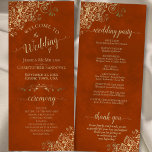 Elegant Ornate Gold Curls on Rust Orange Wedding Program<br><div class="desc">This beautiful wedding program features an elegant design with gold text on a rust orange or burnt umber coloured background and lacy golden faux foil curls and swirls in the corners. The titles are written in fancy script calligraphy, and there is space for your ceremony and wedding party details, as...</div>