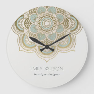 Elegant Ornate Gold Foil Teal Turquoise Mandala Large Clock