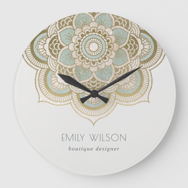Elegant Ornate Gold Foil Teal Turquoise Mandala Large Clock (Front)
