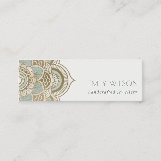Elegant Ornate Gold Foil Teal Turquoise Mandala Mini Business Card (Front)