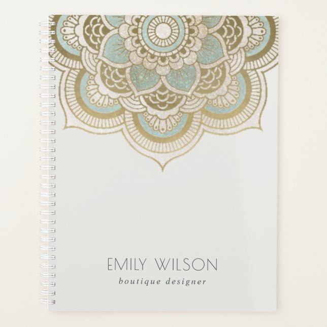 Elegant Ornate Gold Foil Teal Turquoise Mandala Planner (Front)