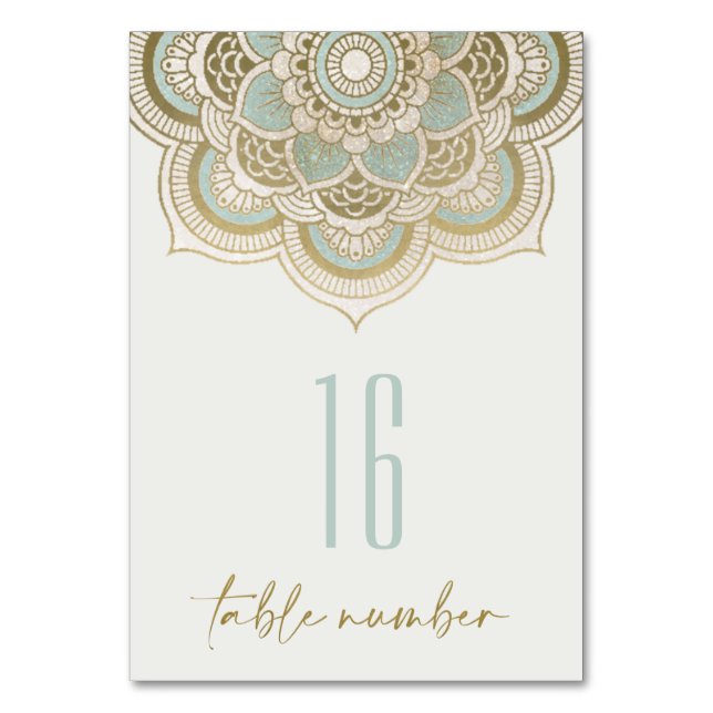 Elegant Ornate Gold Foil Teal Turquoise Mandala Table Number (Front)