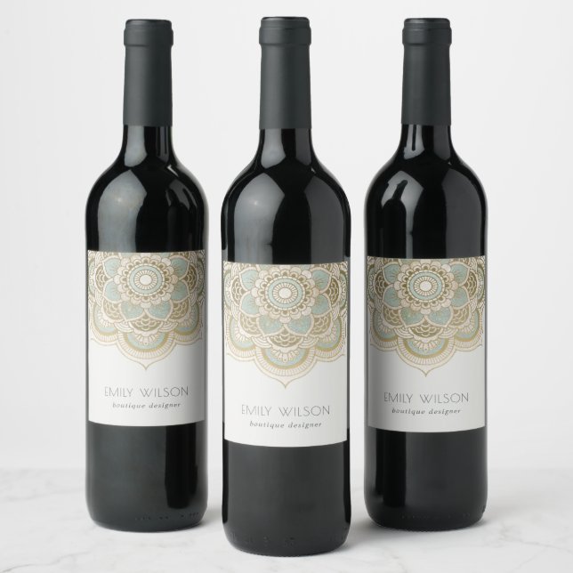 Elegant Ornate Gold Foil Teal Turquoise Mandala Wine Label (Bottles)