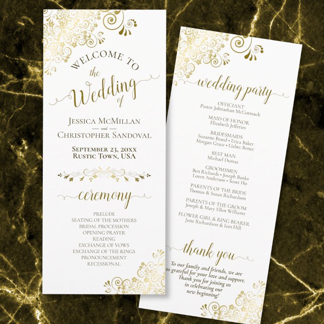 Elegant Ornate Gold Frills on White Wedding Program (Creator Uploaded)