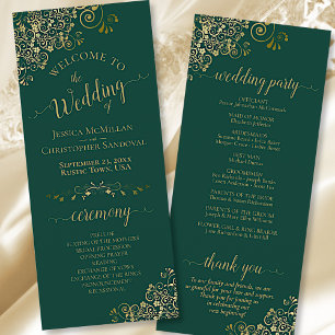 Elegant Ornate Gold Lace on Emerald Green Wedding Program