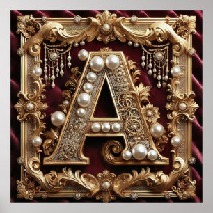Elegant Ornate Gold Letter A Decorated With Pearls Poster