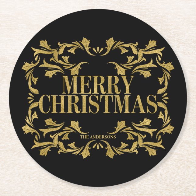 Elegant Ornate Gold Merry Christmas Coasters (Front)