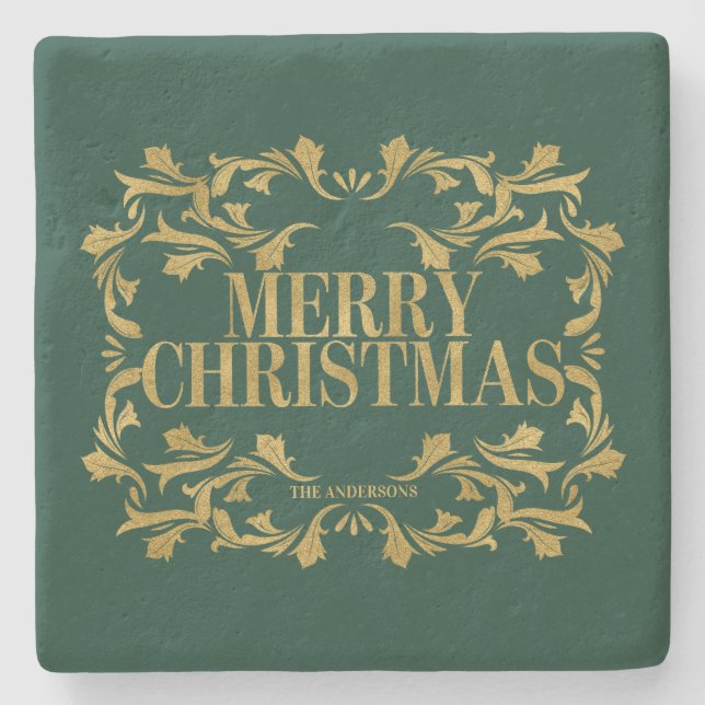 Elegant Ornate Gold Merry Christmas Marble Coaster (Front)