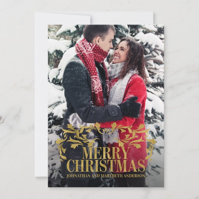 Elegant Ornate Gold Merry Christmas Photo Card (Front)