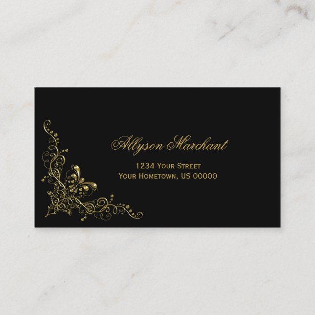 Elegant Ornate Gold Swirls on Black Business Card (Front)