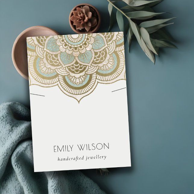 Elegant Ornate Gold Teal Mandala Necklace Display Business Card (Creator Uploaded)