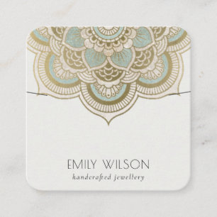 Elegant Ornate Gold Teal Mandala Necklace Display Square Business Card