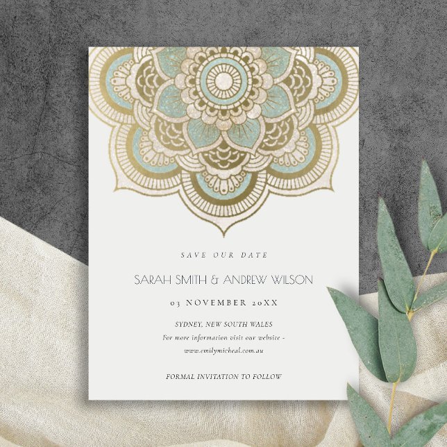 Elegant Ornate Gold Teal Mandala Save the Date Postcard (Creator Uploaded)