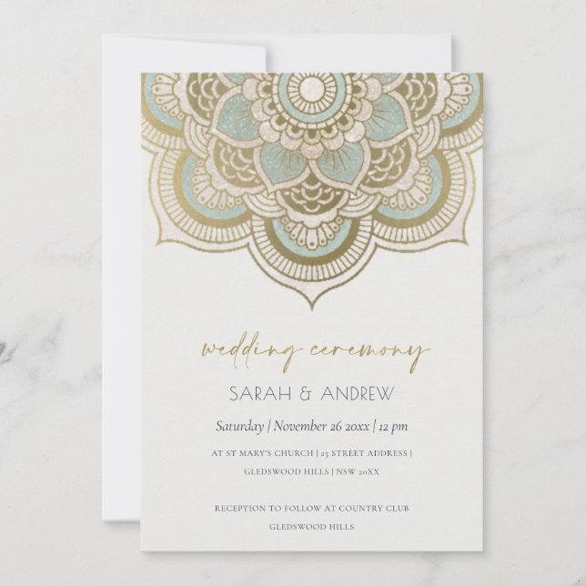 Elegant Ornate Gold Teal Mandala Wedding Invite (Front)