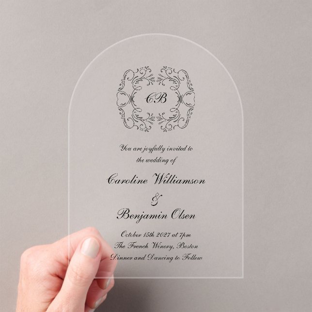 Elegant Ornate Parisian Wedding Transparent Arched Acrylic Invitations (Insitu (Handheld))