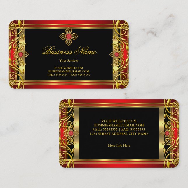 Elegant Ornate Royal Red Jewel Black Gold Business Card (Front/Back)