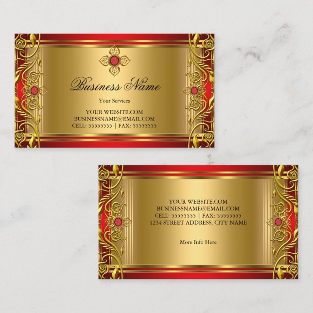 Elegant Ornate Royal Red Jewel Golden Gold Business Card (Front/Back)