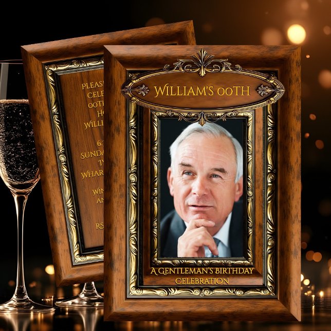 Elegant Ornate Rustic Gold Wood Photo Birthday men Invitation (Creator Uploaded)