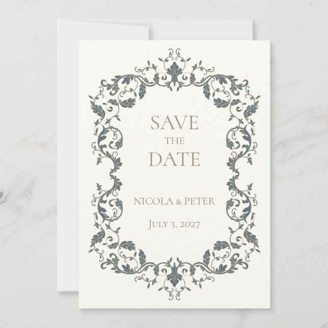 Elegant Ornate Scroll Design Save the Date Card (Front)
