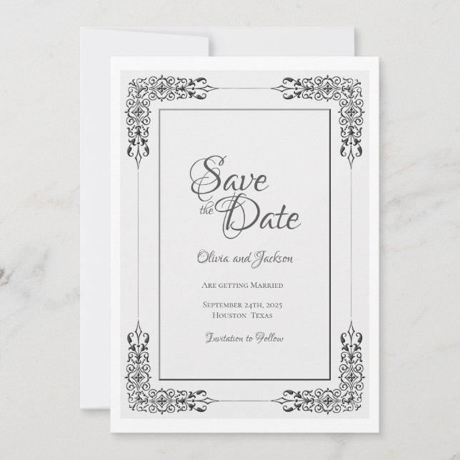 Elegant Ornate Silver Grey Lace Border Wedding Save The Date (Front)