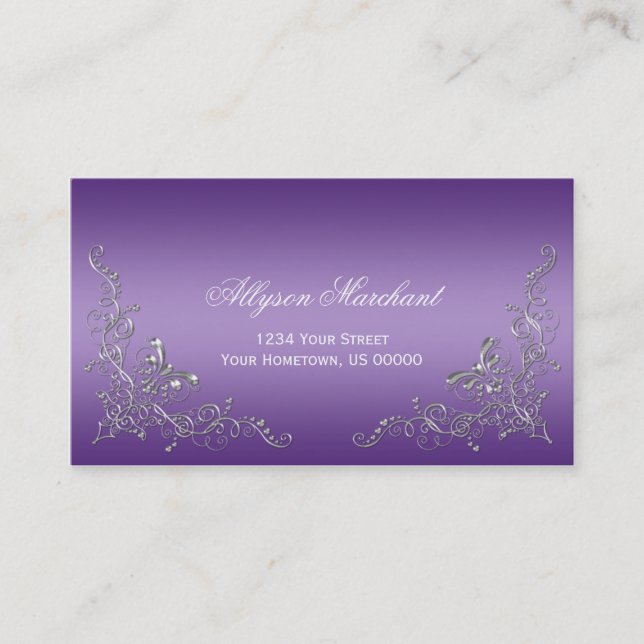 Elegant Ornate Silver Swirls on Purple Ombre Business Card (Front)