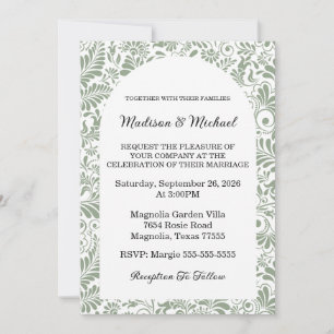 Elegant Ornate Swirl Sage Green Floral Wedding Invitation