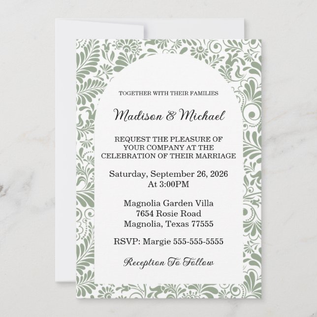 Elegant Ornate Swirl Sage Green Floral Wedding Invitation (Front)