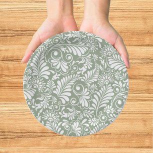 Elegant Ornate Swirl Sage Green Floral Wedding Paper Plate