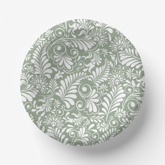 Elegant Ornate Swirl Sage Green Floral Wedding Paper Plate (Front)