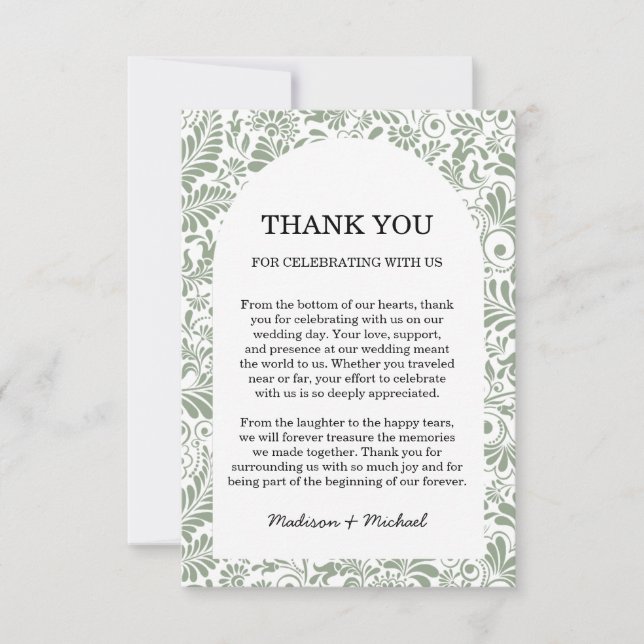 Elegant Ornate Swirl Sage Green Floral Wedding Thank You Card (Front)